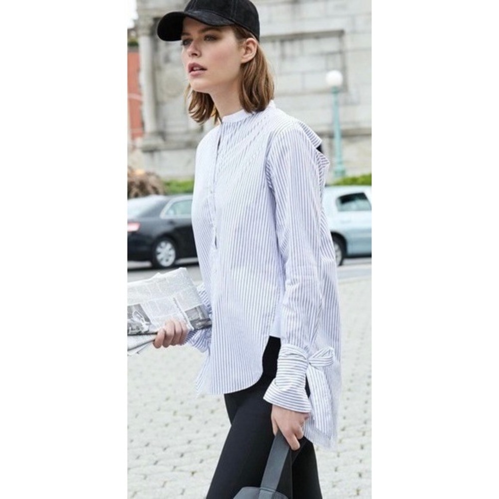 RAG & BONE Dylan Silk Tie Sleeve‎ Striped Blouse Blue White Popover Poplin Small